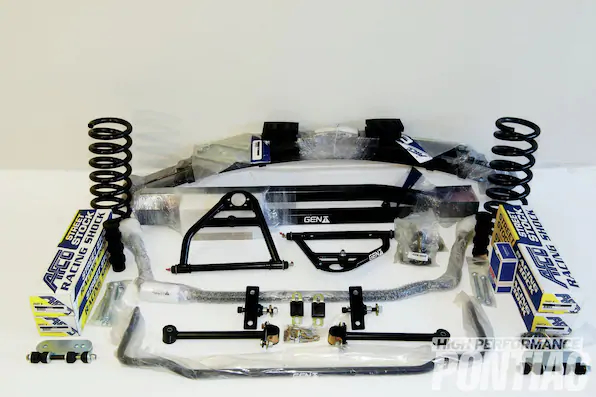 1. Pro-Touring F-Body’s Gen II 1LE Kit (PN 2CS-416/$779) includes new front springs, non-adjustable shock absorbers, leaf springs, and a leaf-spring installation kit. The company offers many optional, extra-cost components too, such as single- or double-adjustable shocks, custom-rate coil and leaf springs, and suspension drops.